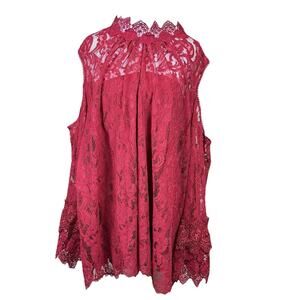 Roaman's Women's 32W Cold Shoulder Crochet Lace Top w/ Camisole Bell Sleeves Red
